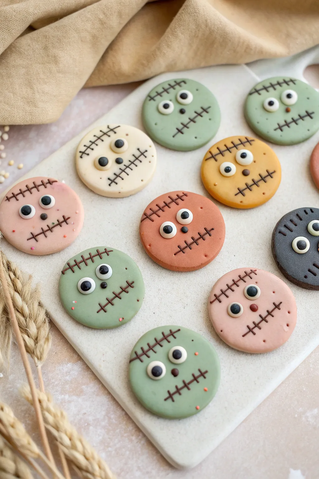 Stitched monster face magnets in a simple grid, perfect beginner DIY Halloween clay decor.
