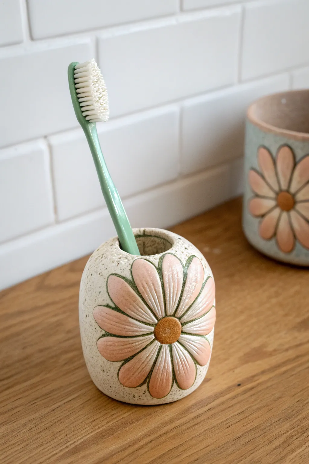 Cheerful daisy toothbrush holder with petal slots—simple clay DIY that keeps brushes tidy.