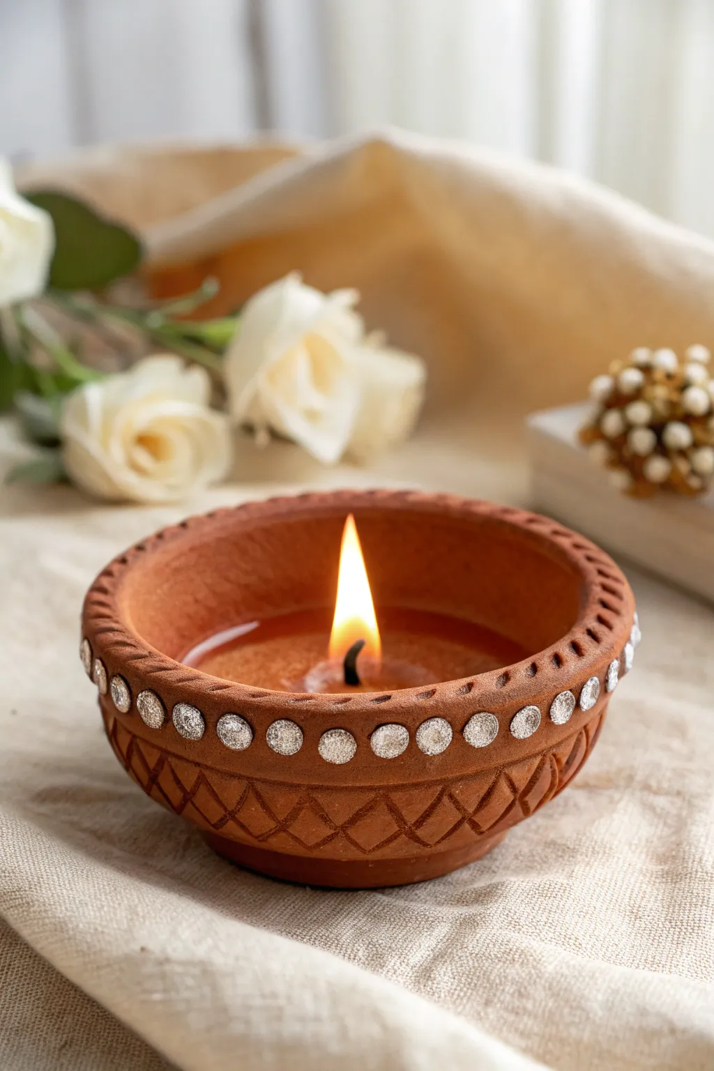 Simple diya glow with rhinestone sparkle near the spout and a few gems along the rim