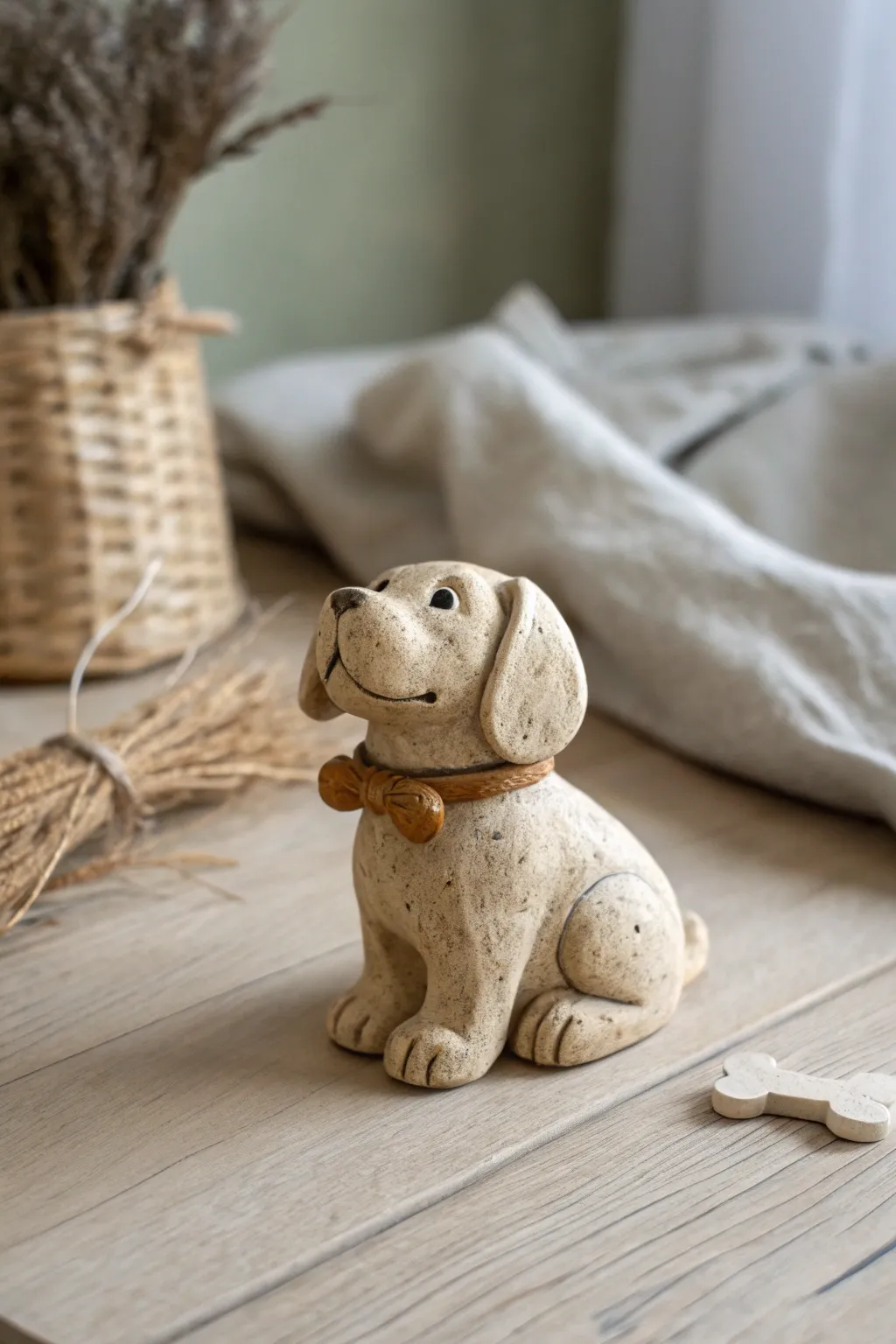Simple clay dog with a tiny bone accessory, cozy minimalist boho decor and easy DIY charm