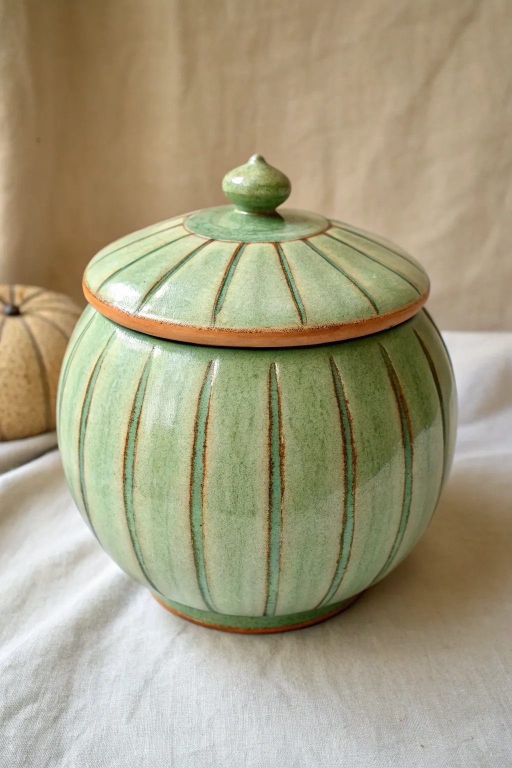 Melon-inspired double pinch pot jar with simple stripes and a sweet stem knob, slightly ajar