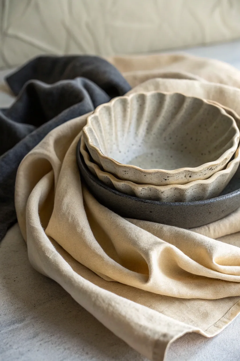 Drape-molded dish in creamy slip over dark clay, with curves that softly reveal a two-tone finish.
