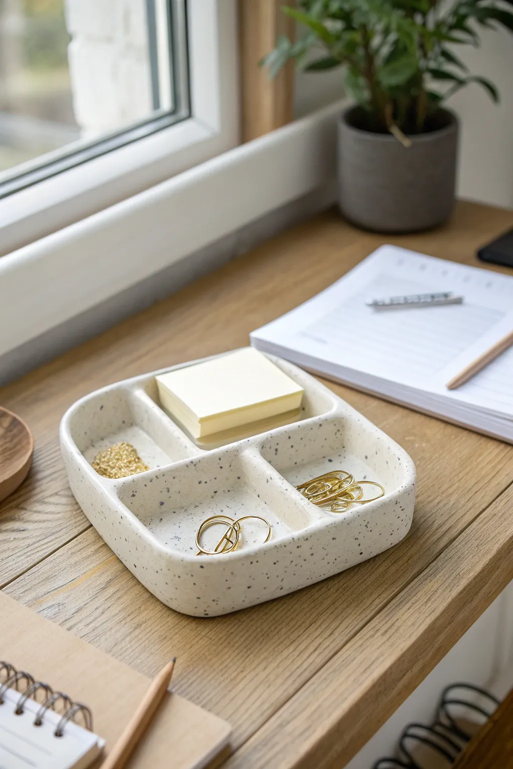 Air-dry clay desk organizer tray with compartments for clips, notes, and rings in calm neutral tones.