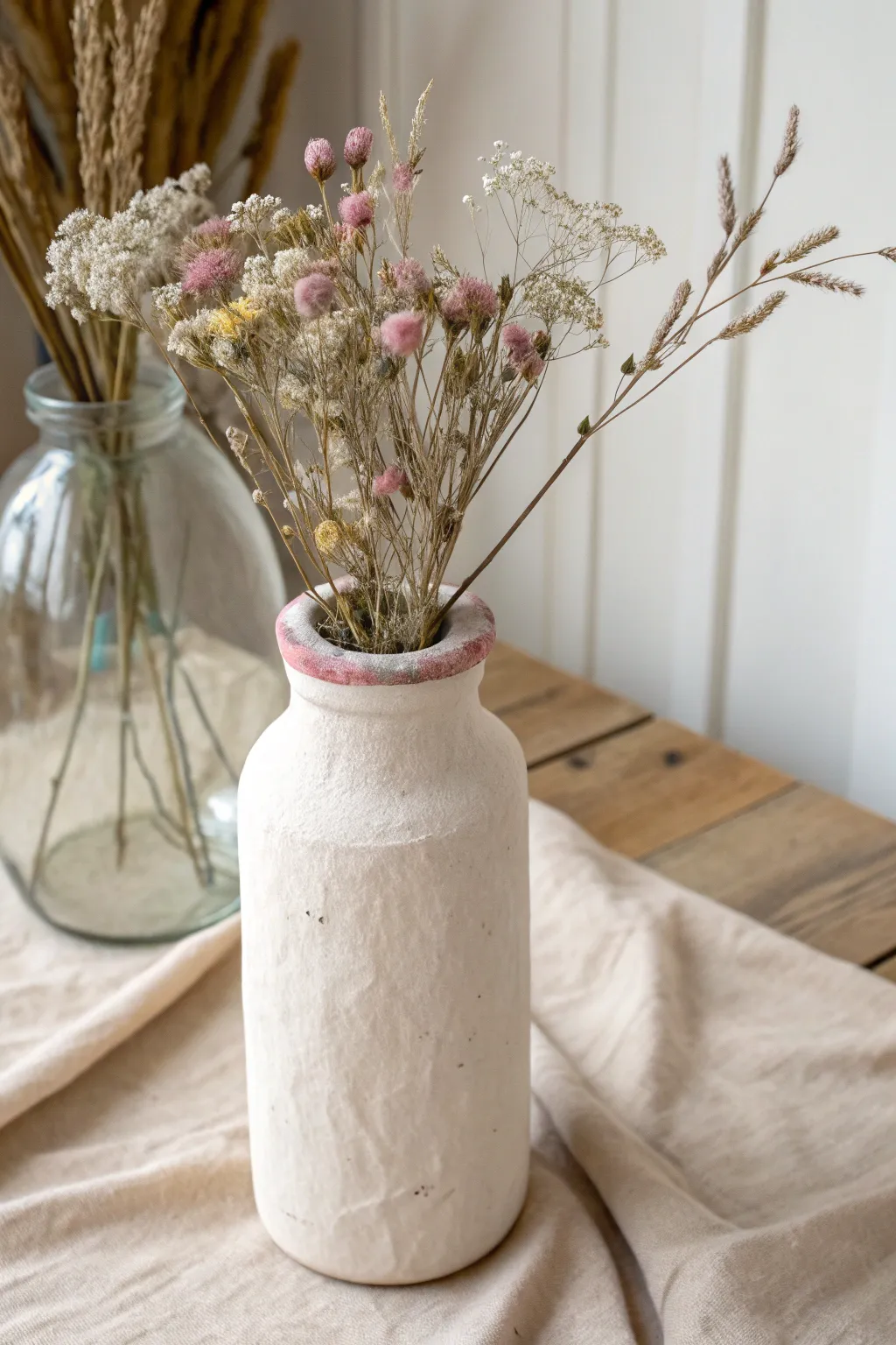 Minimal air-dry clay vase cover with glass insert, perfect beginner project with soft boho charm.
