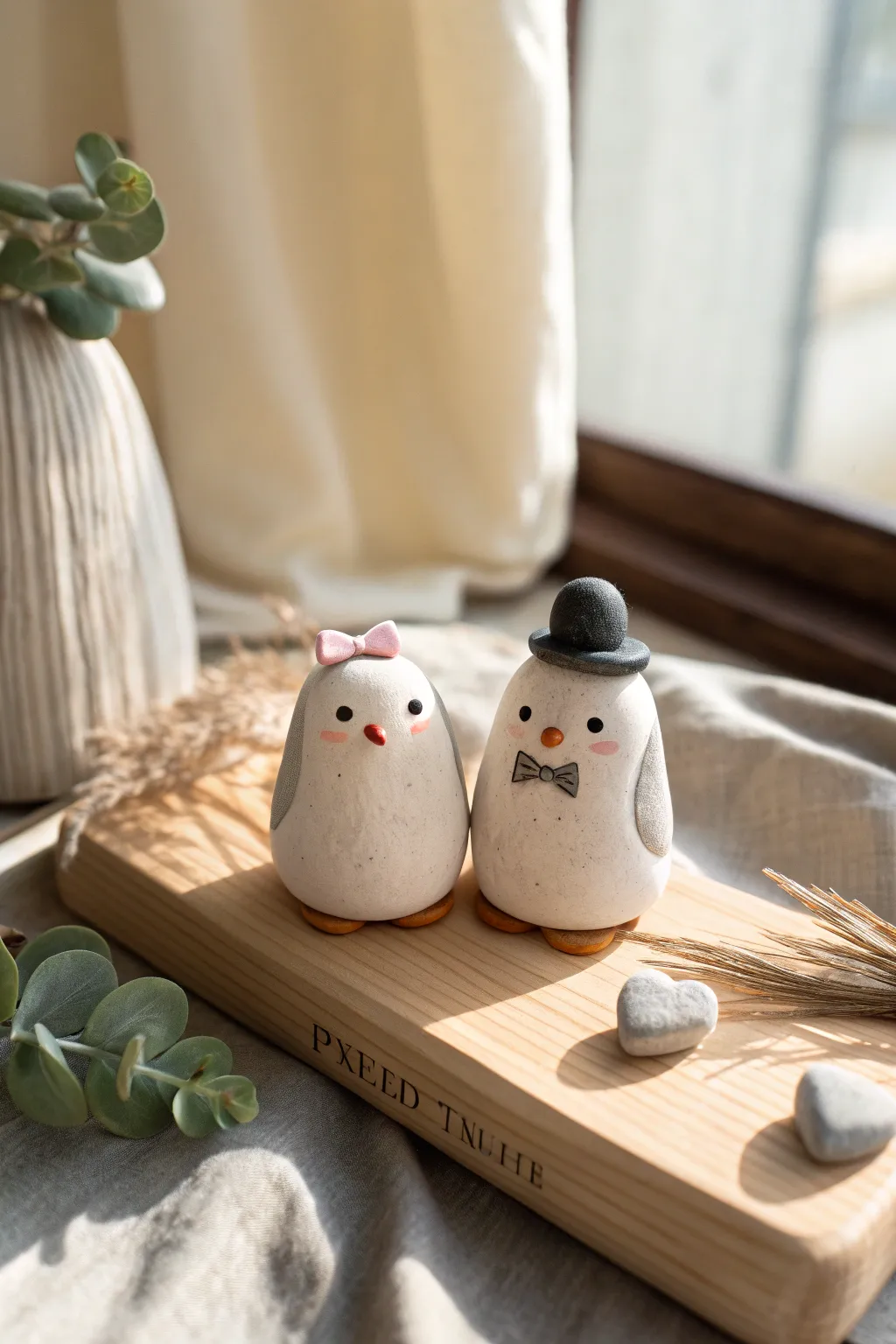 Sweet minimalist penguin couple with tiny bow and top hat, an easy duo clay idea to gift