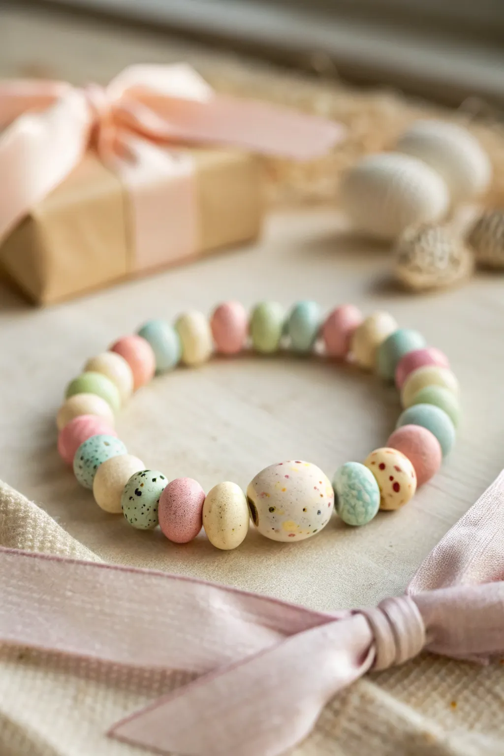 Pastel heishi bracelet with a tiny egg focal bead for a sweet, minimalist Easter touch.