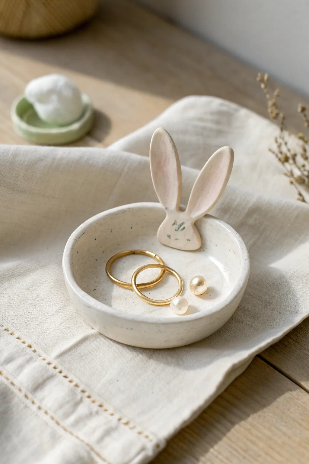 Sweet bunny ear ring dish in soft pastels, a simple Easter clay project kids will love