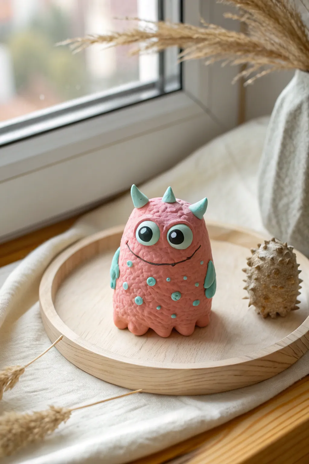 Googly-eyed air-dry clay monster in neon pastels, a fun and easy kid-friendly craft idea.