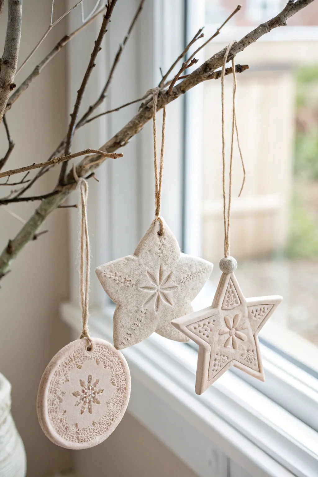 Soft-toned air dry clay ornaments with pressed patterns, hung simply for a cozy minimalist look