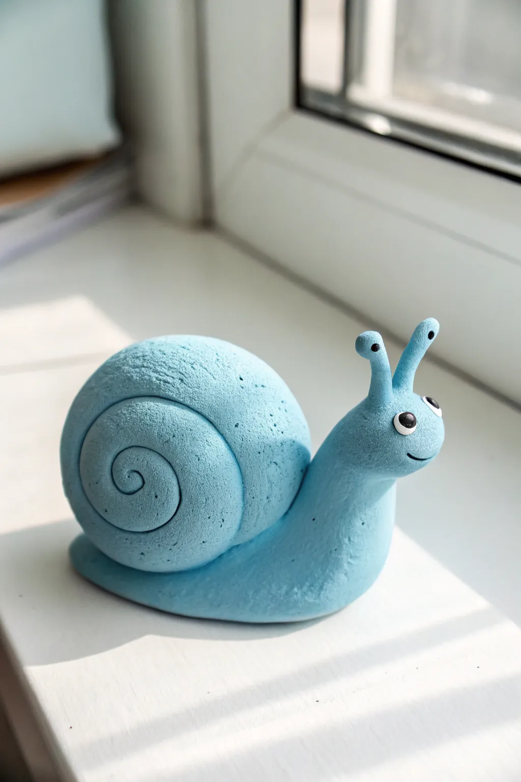 Sweet blue clay snail with a simple swirl shell, styled minimal on bright white.