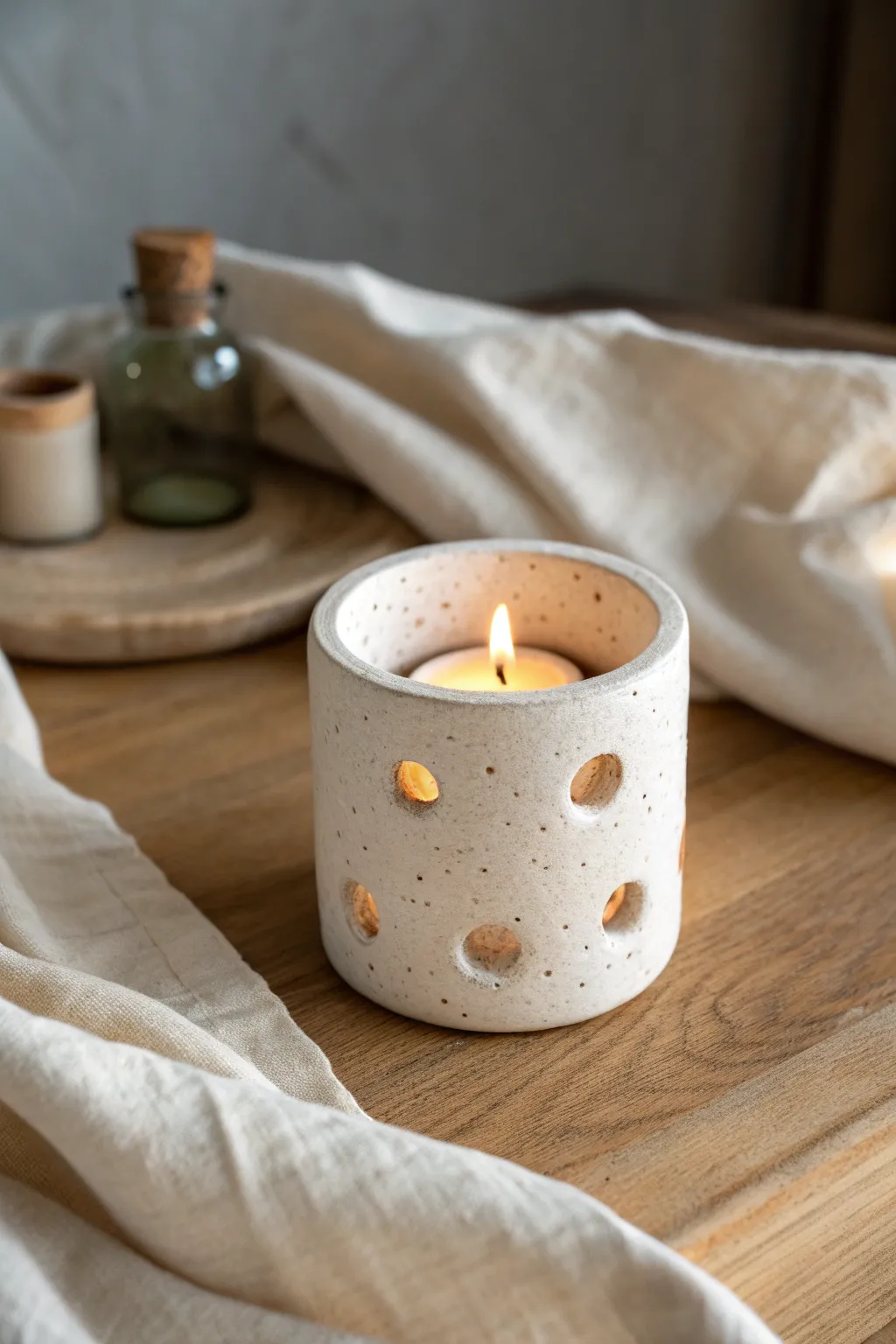 Minimal ceramic tea light holder with warm glow, clean cutouts, and a cozy Scandinavian mood.