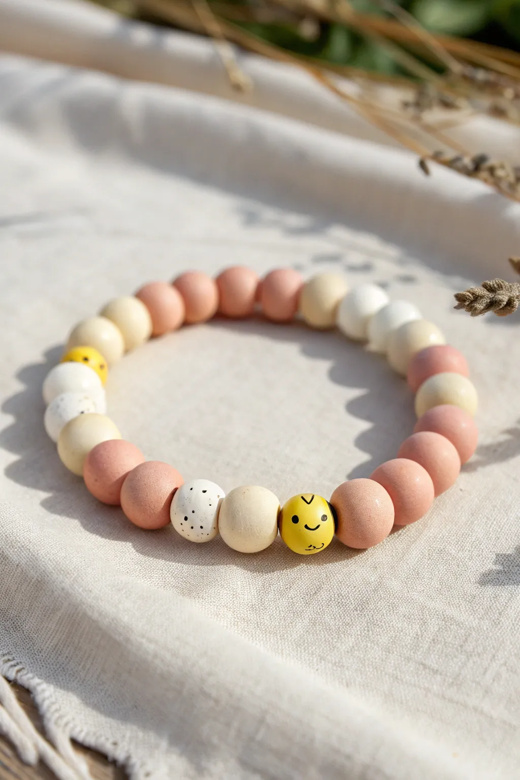 Soft neutral clay bead bracelet with a tiny smiley accent for a bright, playful surprise.