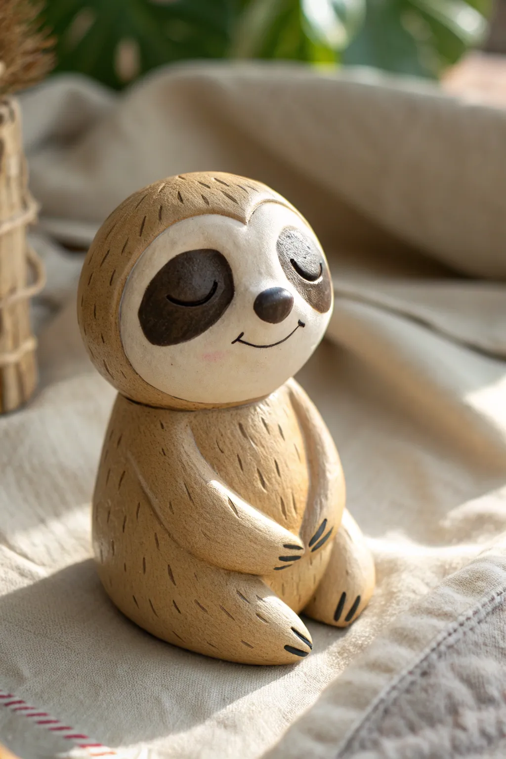 Sleepy sloth clay bobblehead with cozy minimal vibes, a sweet beginner friendly project