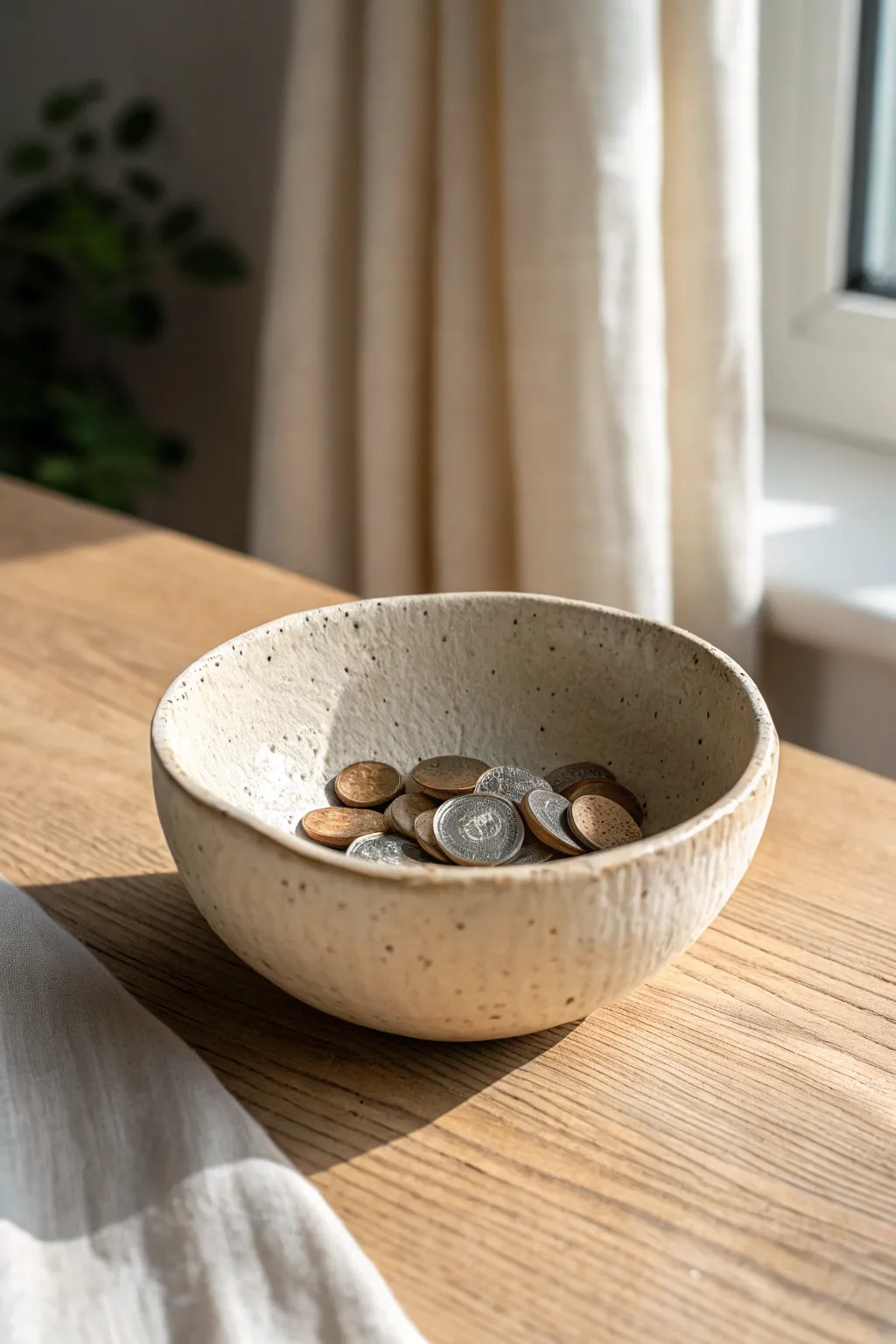 Cozy pinch pot bowl with finger-made dimples, styled simply with a few coins on warm wood.