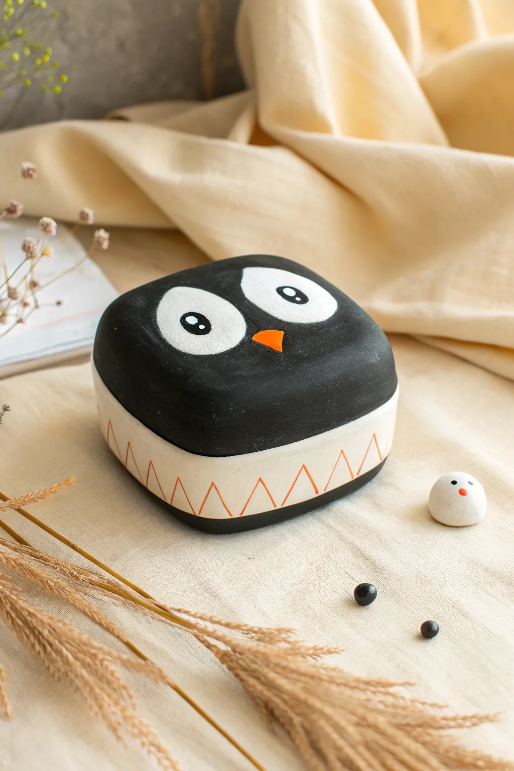 Cute penguin clay box with triangle beak and feet, a simple DIY keepsake with cozy contrast.