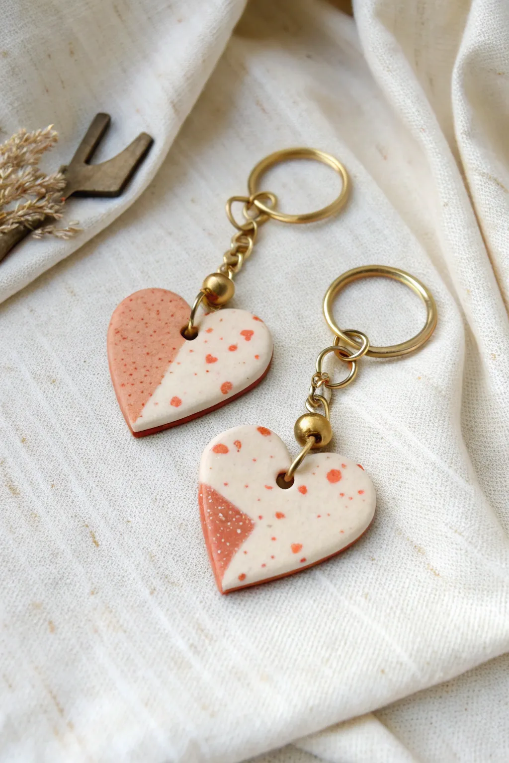 Mini you plus me clay keychains in soft blush and cream, a sweet DIY date keepsake set