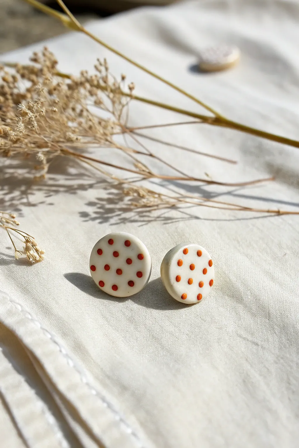 Tiny polka dot clay studs in soft neutrals, minimal and handmade, perfect beginner project.