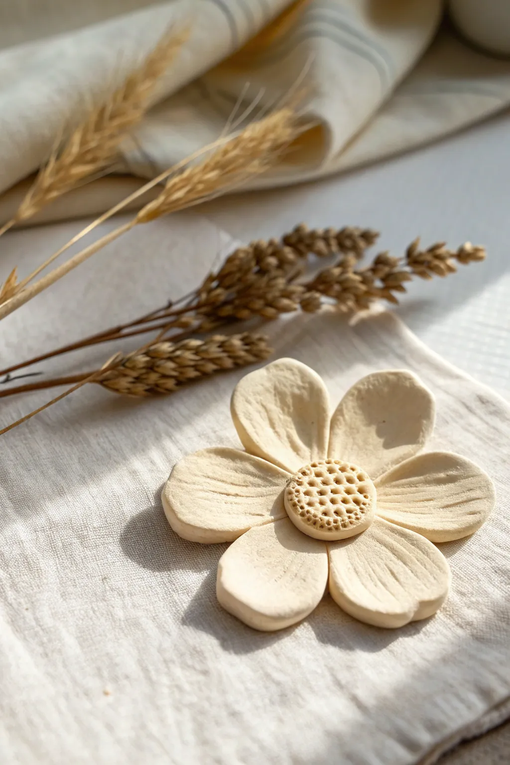 Simple clay flower with toothpick-dotted center texture for an easy handmade look