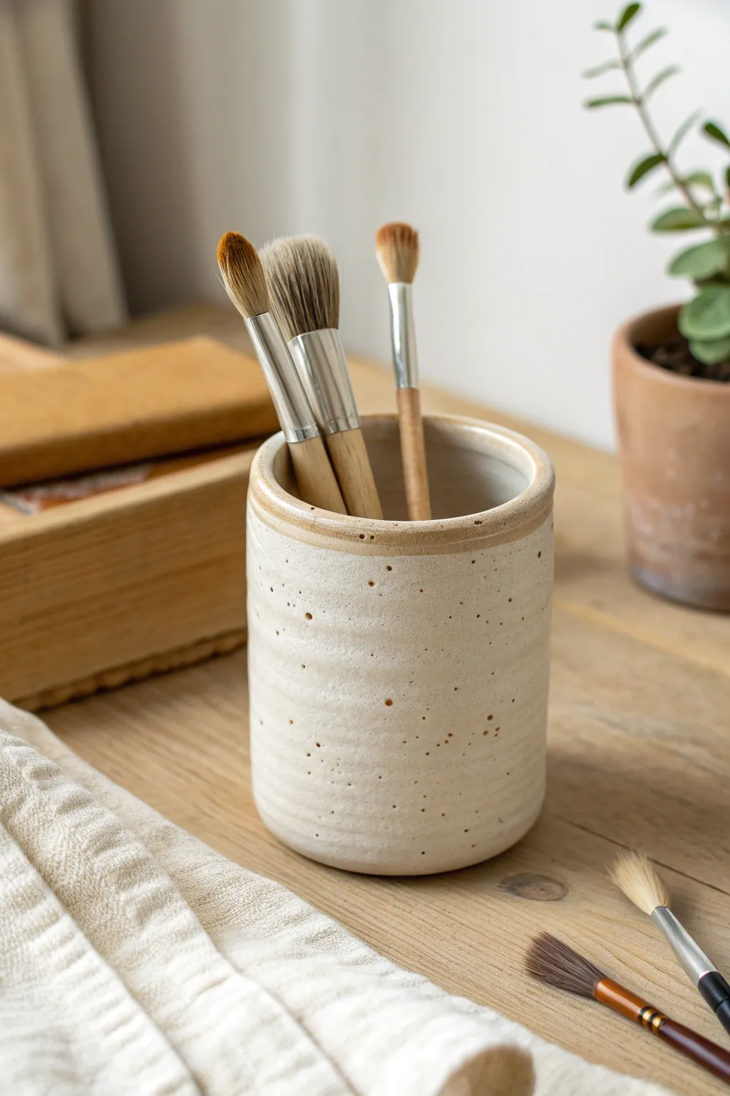 Beginner-friendly wavy rim pencil cup in speckled clay, styled with brushes on a calm desk.