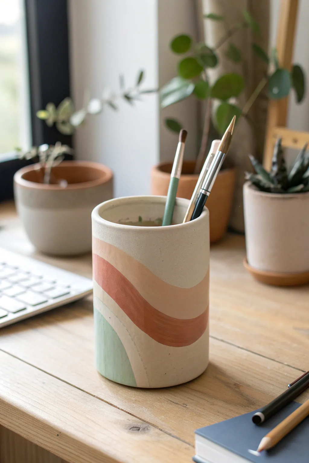 Minimalist clay pencil cup with wavy rim and modern color blocks for a calm, stylish desk
