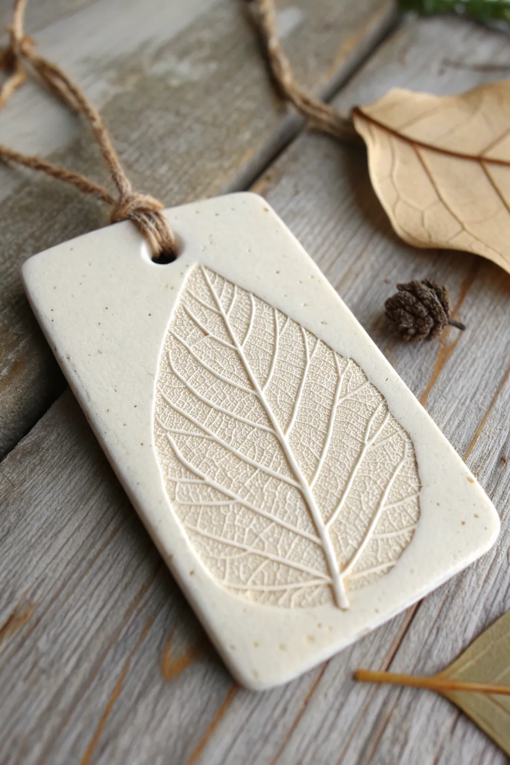 Simple clay tag with leaf, lace, and found-item textures, finished with a soft wash for contrast