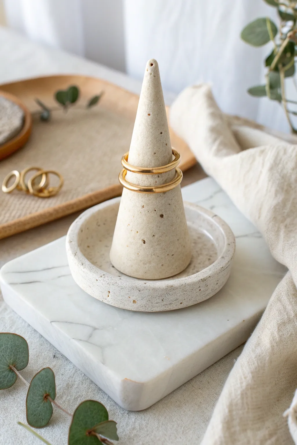 Simple DIY clay ring cone stand in a calm Scandinavian bathroom scene with soft boho warmth