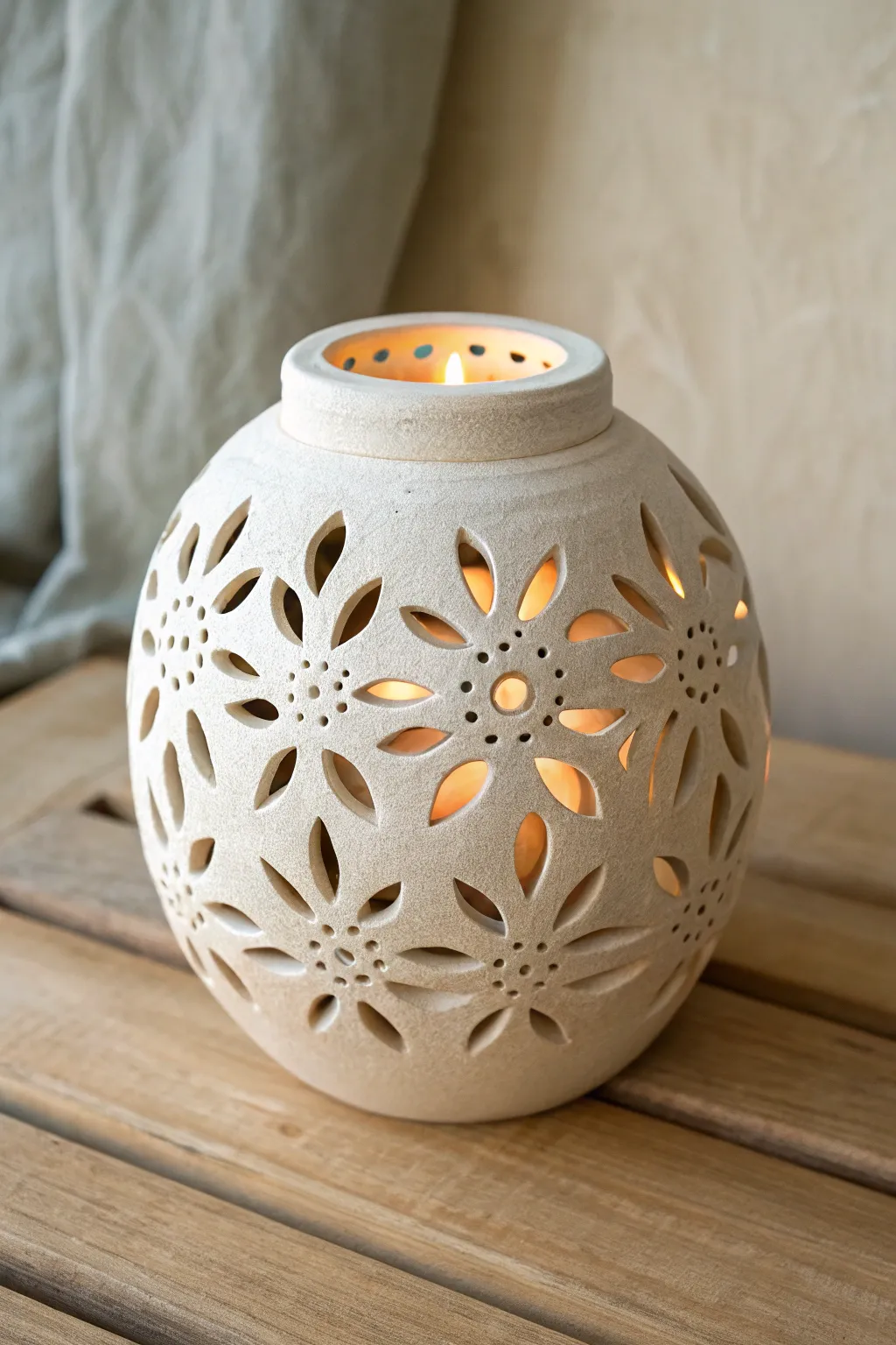Beginner-friendly mandala cutout clay lantern glowing warm, casting floral shadows at dusk.