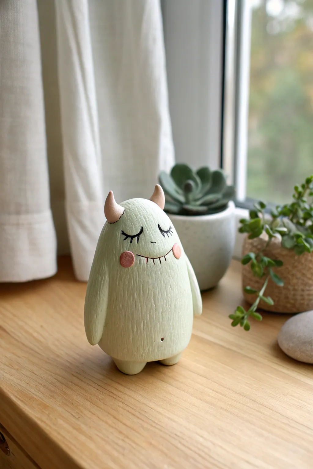 Calm sleepy clay monster with droopy eyelids, a cute minimalist desk buddy in soft natural tones