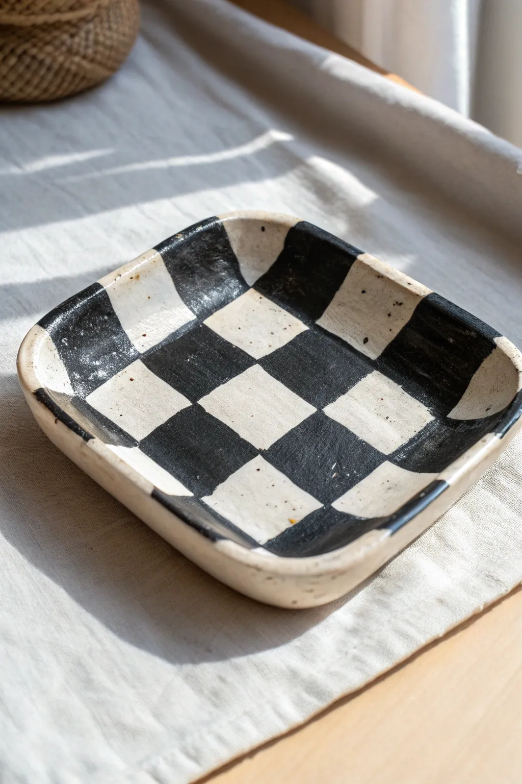 Paint a modern black-and-white checkerboard trinket tray for an easy, minimalist clay project today