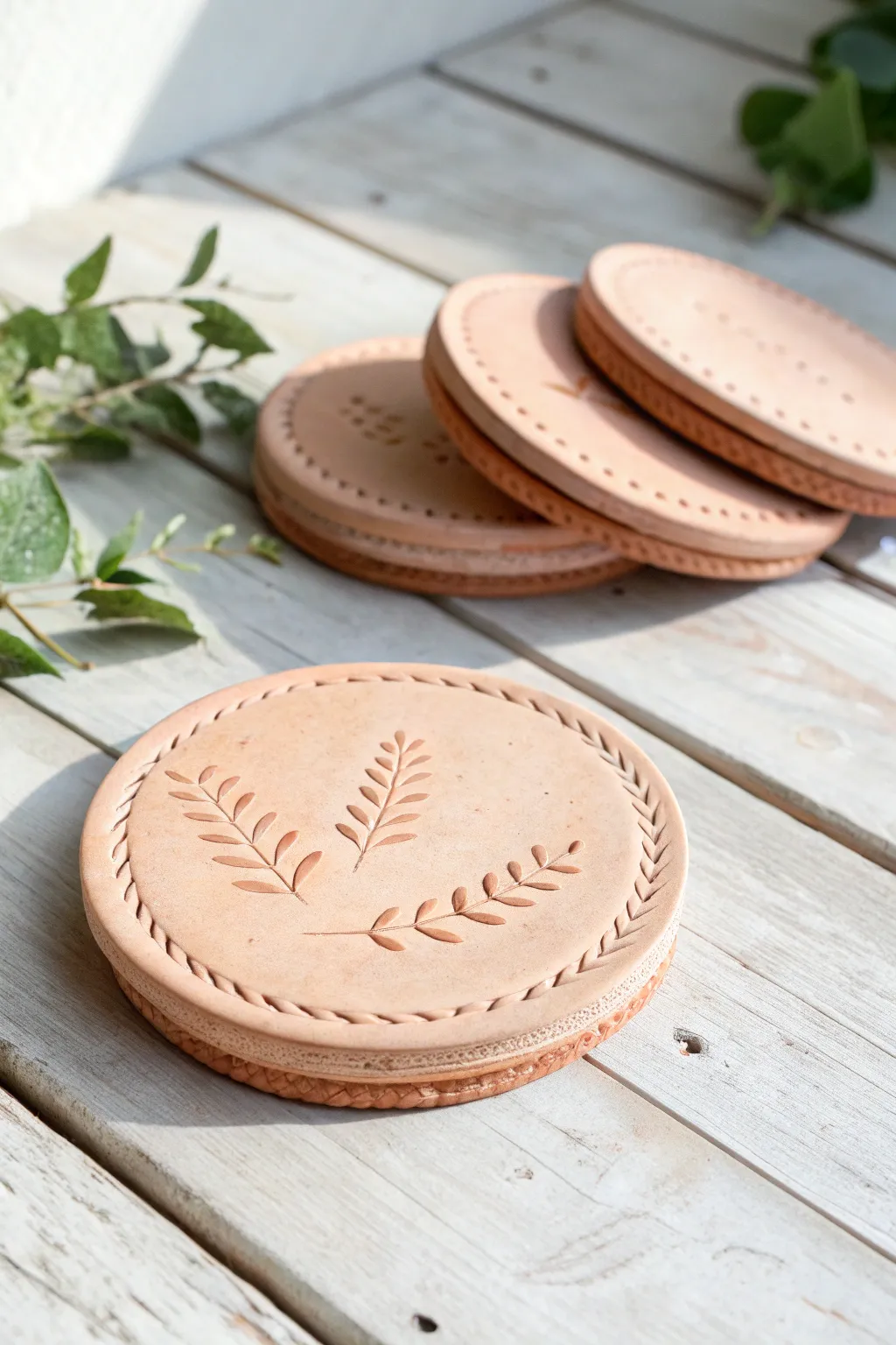 Minimal stamped clay coasters with simple dot and leaf textures for an easy DIY touch.