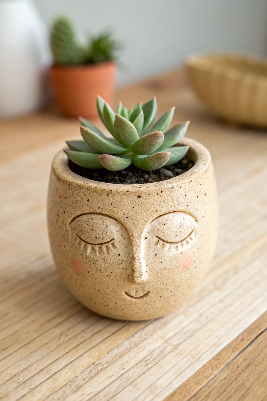 Minimal pinch pot face planter buddy with leafy hair, soft neutral tones and cozy contrast