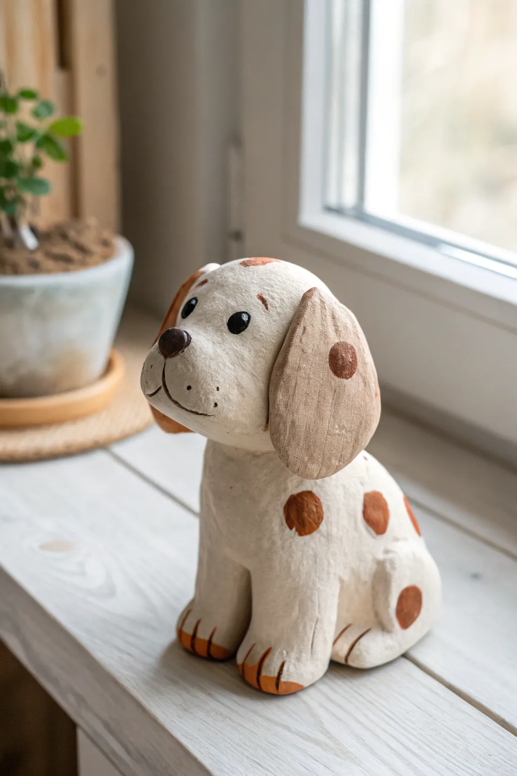 Sweet floppy-eared clay puppy with simple spots, an easy kid-friendly sculpture idea