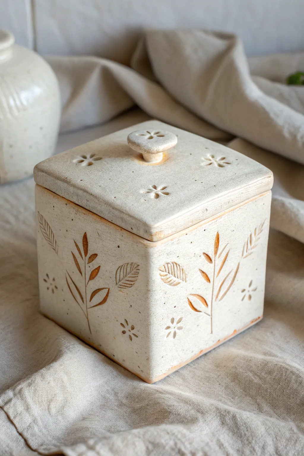 Minimal stamped slab box with an easy wraparound texture, soft matte finish, and cozy Nordic vibe