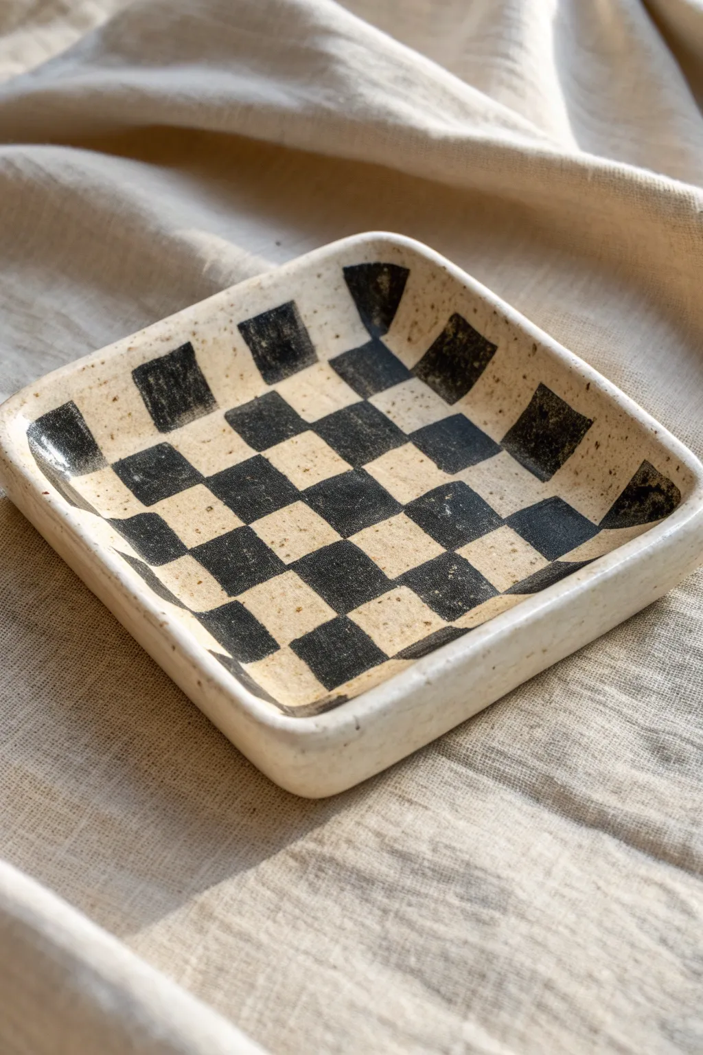 Rustic checkerboard stamped soap dish, minimalist clay texture with cozy Scandinavian calm.