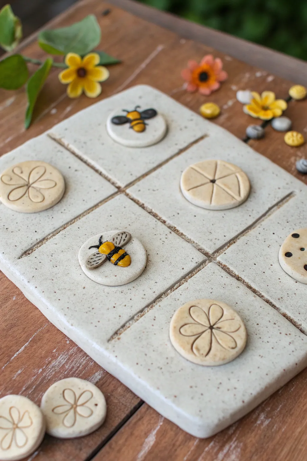 Bee vs flower clay tic tac toe board, simple spring colors and satisfying handmade minimalism