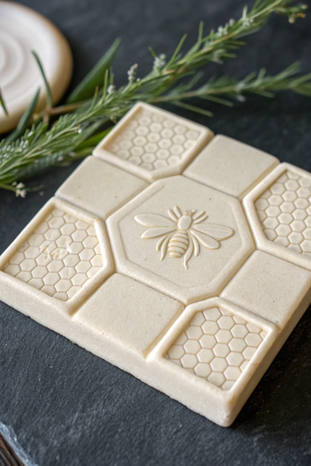 Beginner honeycomb relief tile with a sweet bee silhouette, minimal and cozy in natural clay tones.