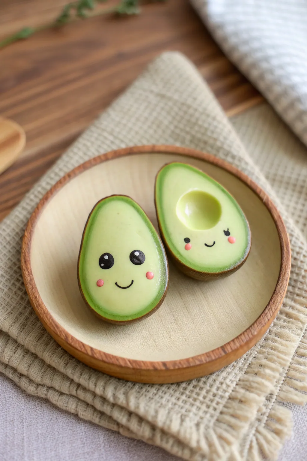 Two smiley clay avocado halves with bold greens and a soft minimalist boho vibe