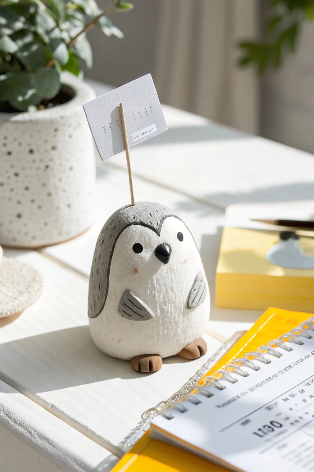Minimalist penguin clay photo holder with a tiny blank card, perfect for cute kid-friendly crafts