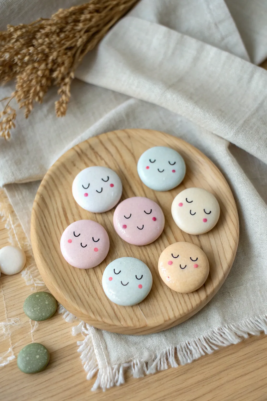 Pastel happy-face clay magnets, a minimalist kawaii set perfect for cute DIY decor.