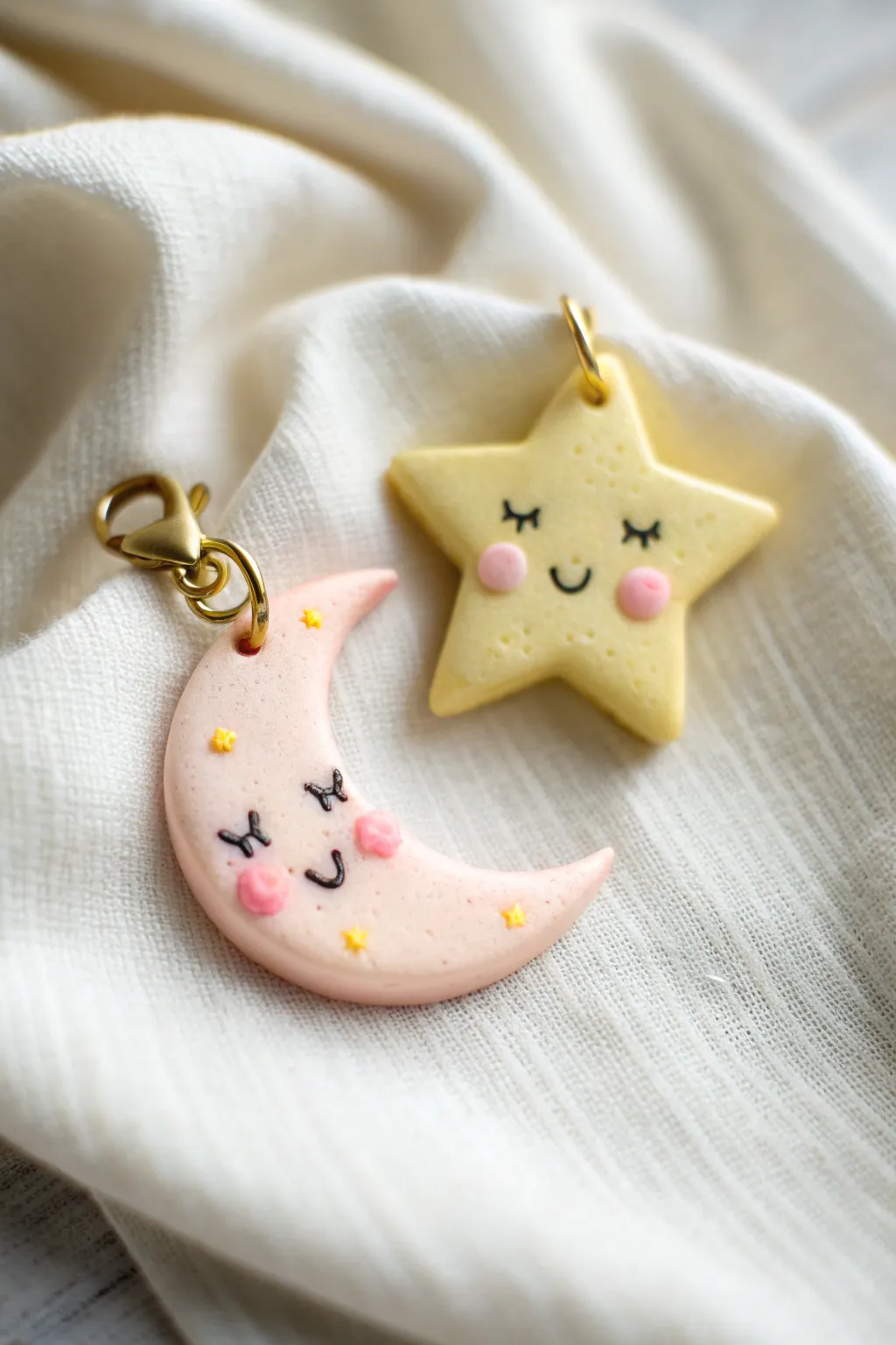 Sweet pastel moon and star face charm in minimalist boho styling, an easy polymer clay idea