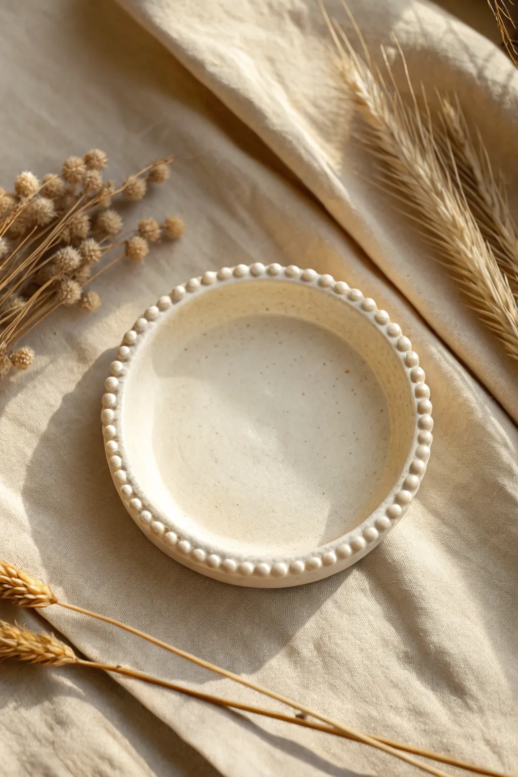 Beaded-edge mini dish in creamy tones, Scandinavian minimal flat lay with a soft boho touch