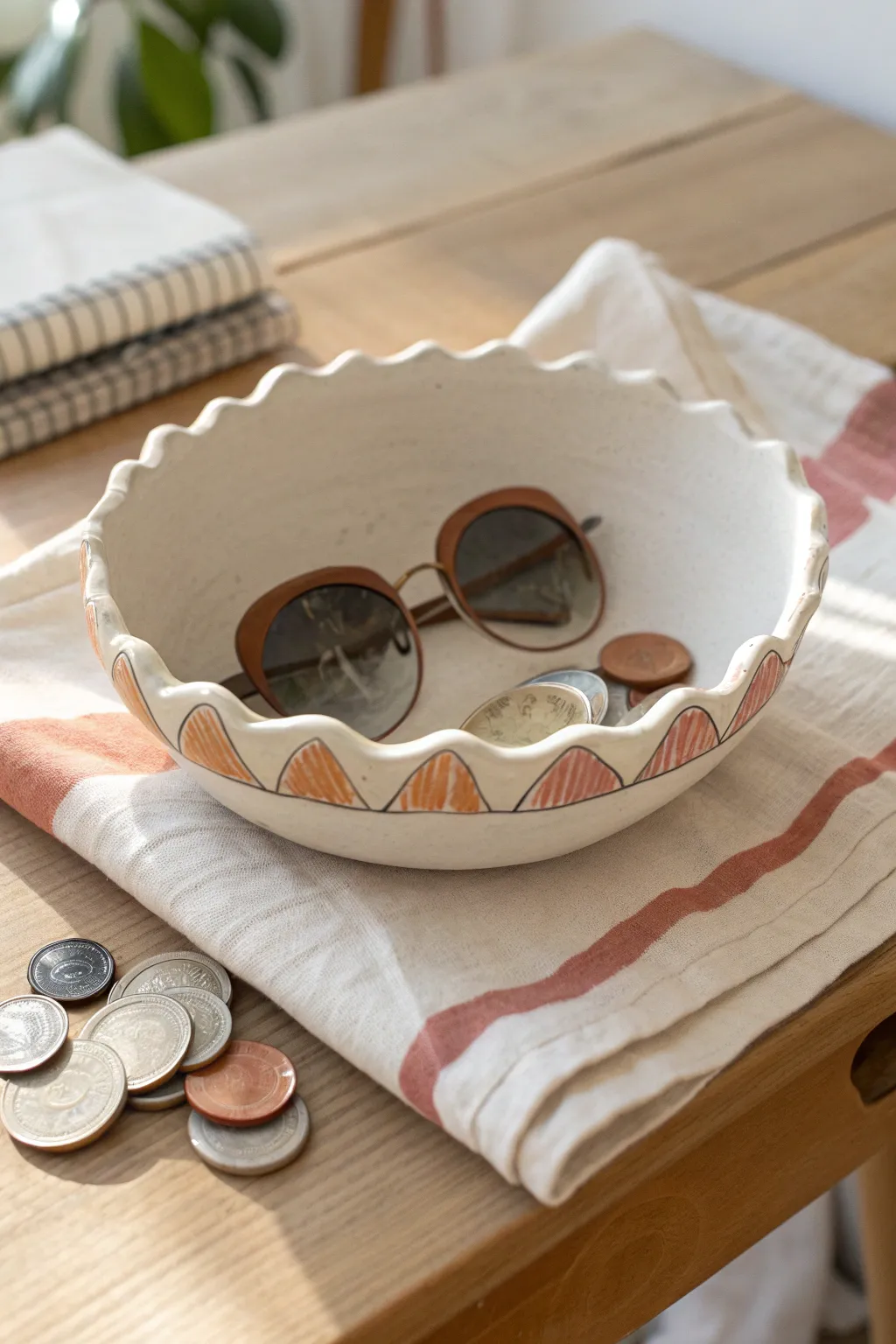 Wavy clay catchall bowl with soft painted stripes, a chic landing spot for everyday essentials