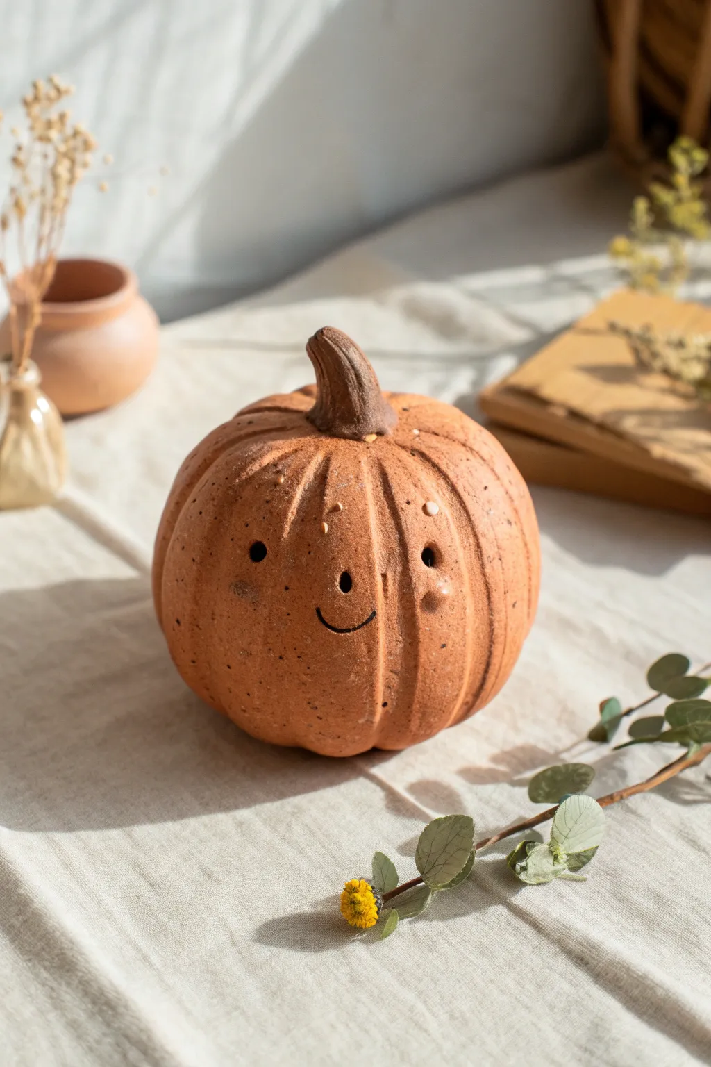 A cute mini clay pumpkin friend with dot eyes and a smile, simple to make and display.