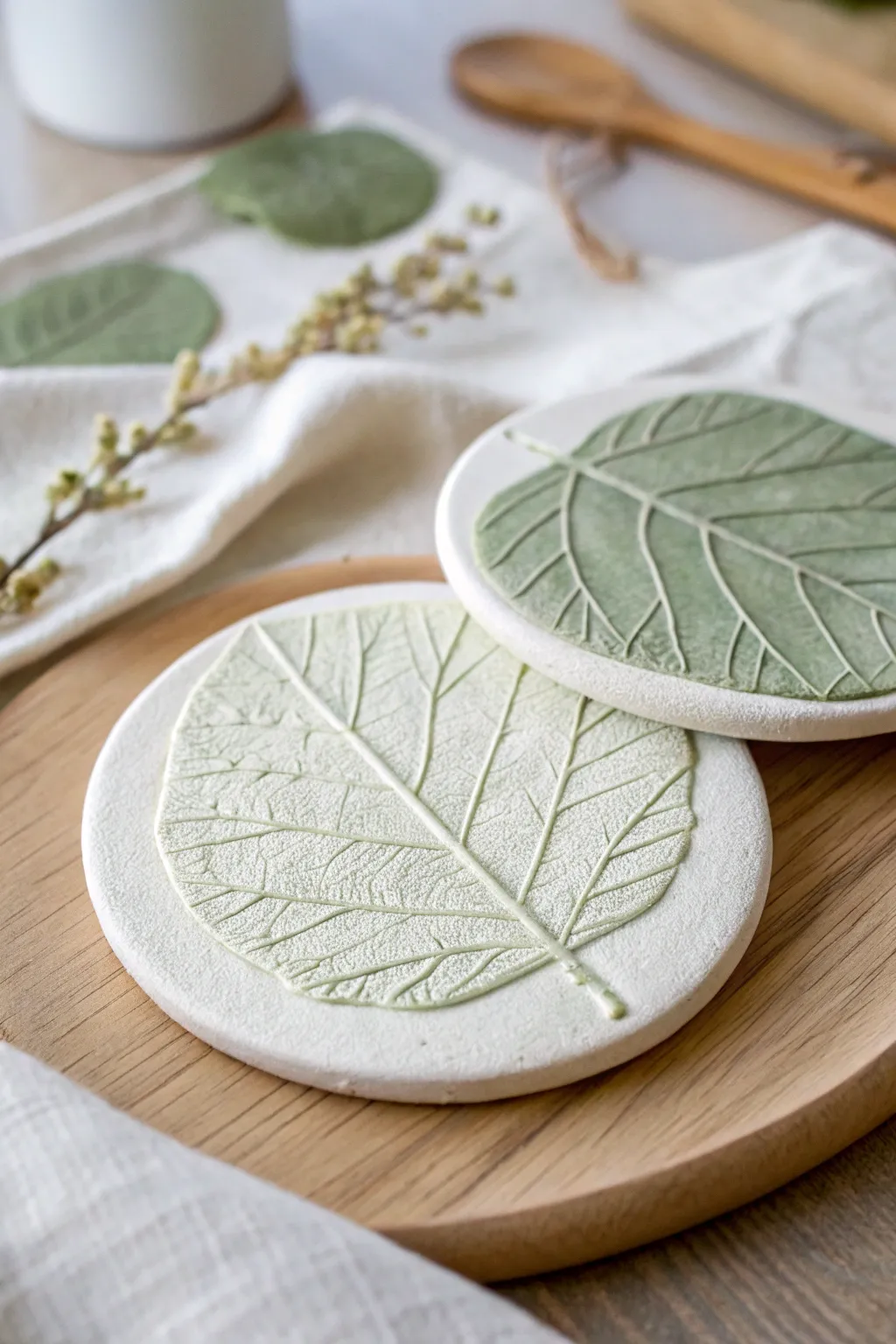 Leaf-imprint mini clay coasters in soft neutrals, simple, feminine, and easy to make.