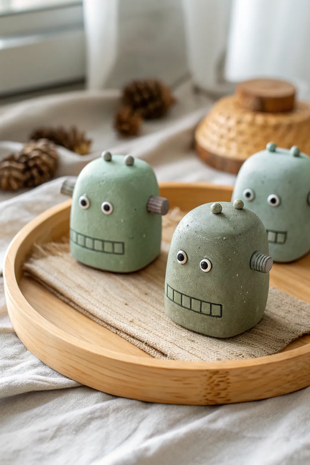 Blocky clay monster heads in muted green and gray, sweetly spooky decor you can make at home.