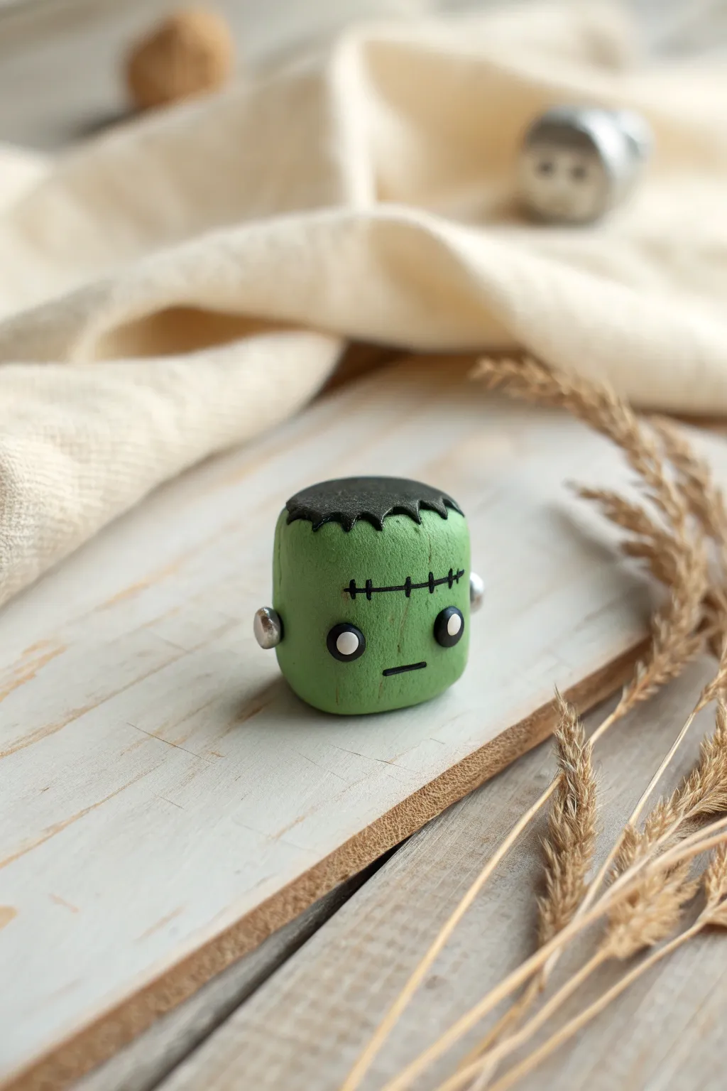 Cute polymer clay Frankenstein mini head, minimalist and spooky-sweet for easy Halloween decor.