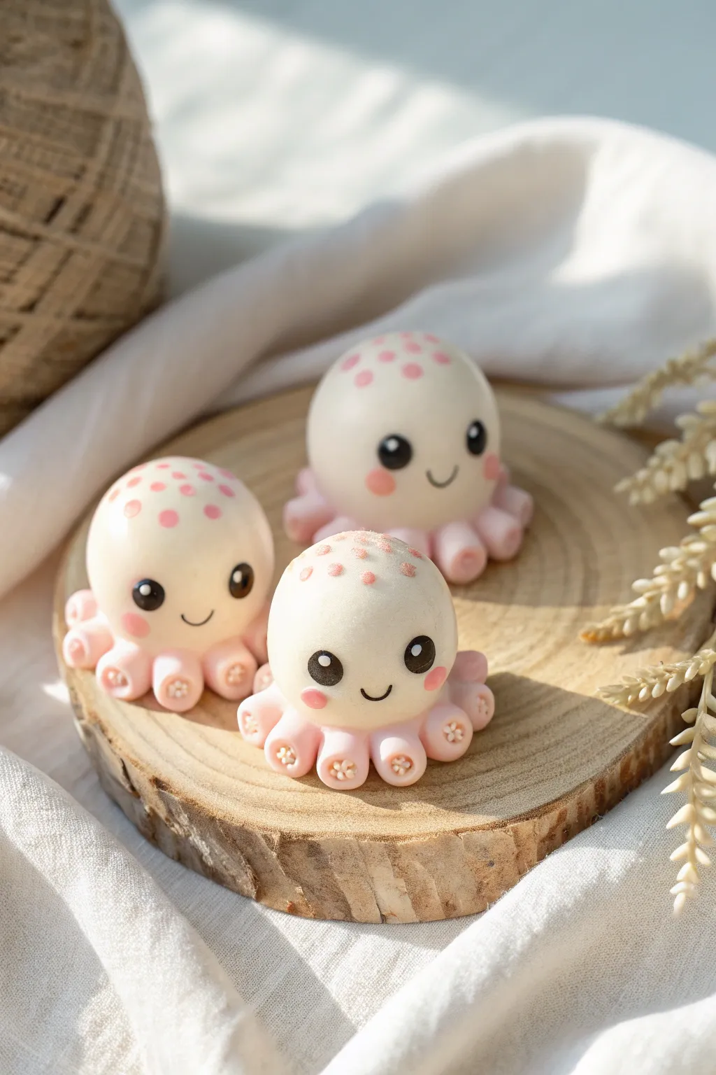 Tiny pastel octopus buddies with blush cheeks, minimalist styling, and sweet handmade charm.