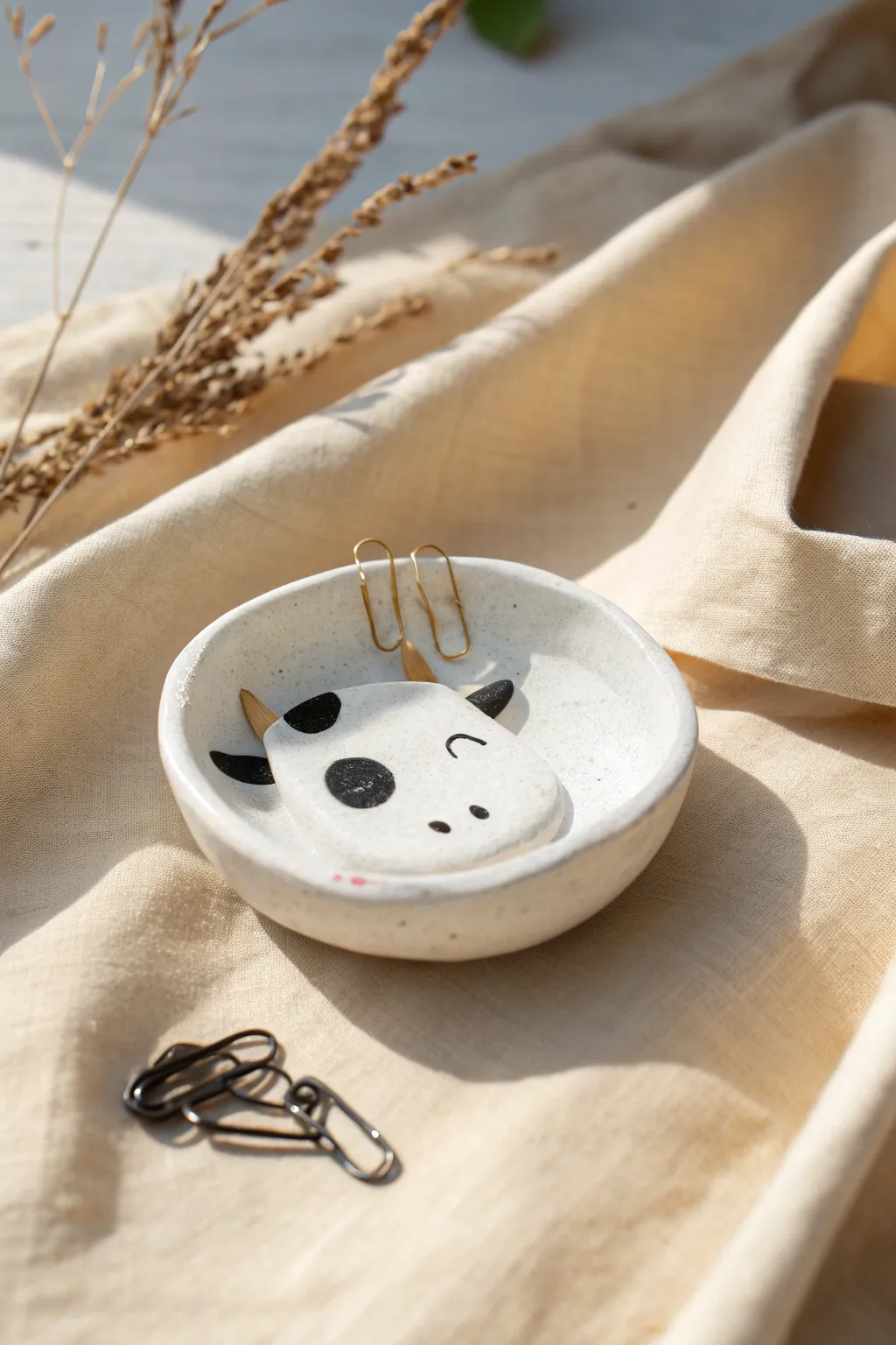 Adorable cow patch trinket dish, a simple cute clay idea for pins and tiny treasures