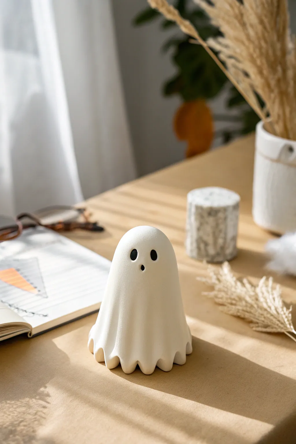 Cute beginner polymer clay ghost desk buddy in minimalist Scandi style, perfect for cozy workspaces.