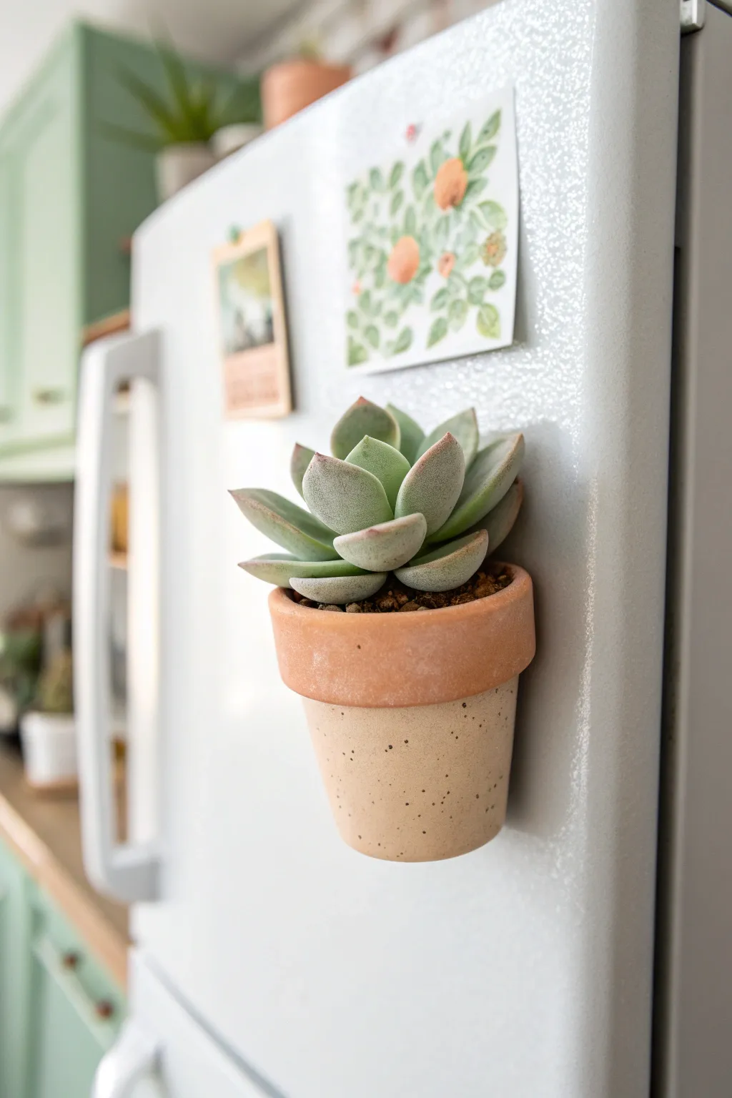 Minimal polymer clay succulent pot magnet in soft greens and neutral tones, calm and modern